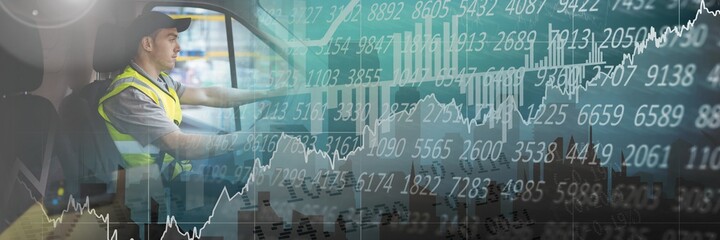 Composition of financial data processing over delivery man driving van