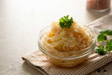 Pickled cabbage and carrots, probiotics source, healthy food. Fermented vegetables.