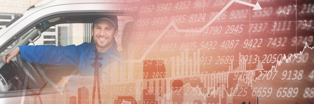 Composition of financial data processing over smiling delivery man in van - Powered by Adobe