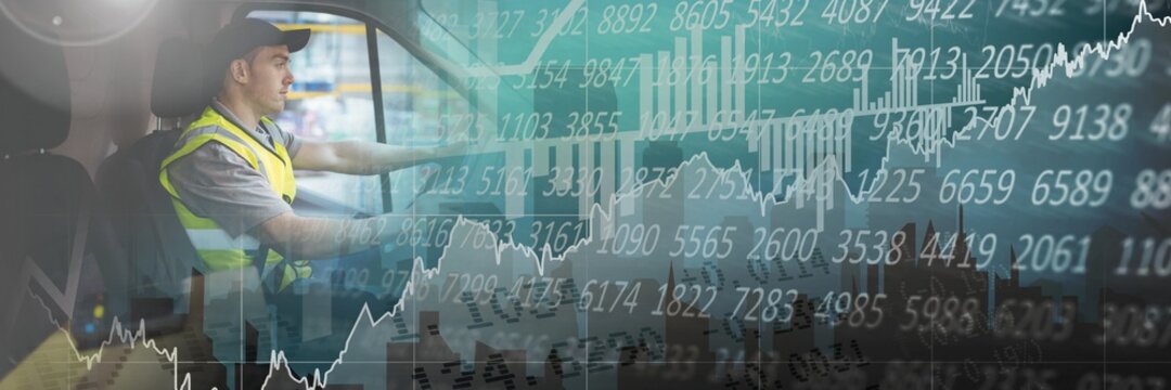 Composition of financial data processing over delivery man driving van - Powered by Adobe