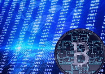 Bitcoin over arrows and stock market data processing, economy and cryptocurrency concepts