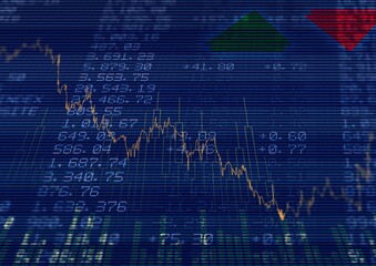 Stock market data and graphs processing over blue background, finances and economy concepts