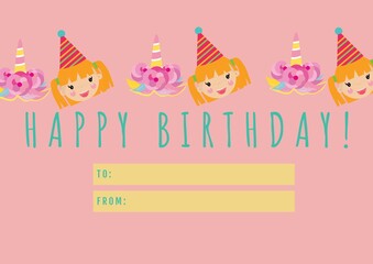 Happy birthday tag with girl and candle, birthday and gift giving concepts