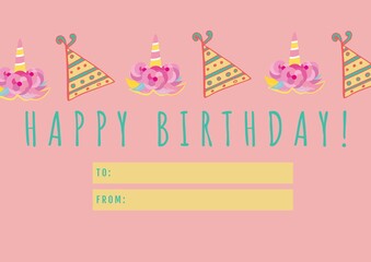 Happy birthday tag with party hat and candle, birthday and gift giving concepts