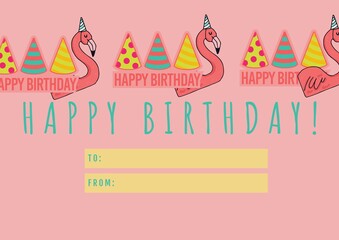 Happy birthday tag with party hats and flamingo, birthday and gift giving concepts