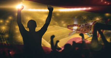 Composition of silhouettes of cheering fans in sports stadium