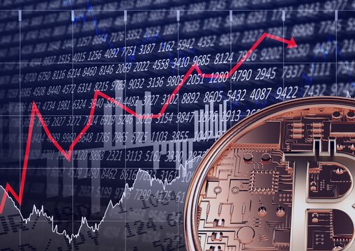 Bitcoin over stock market data and graphs processing, economy and cryptocurrency concepts - Powered by Adobe