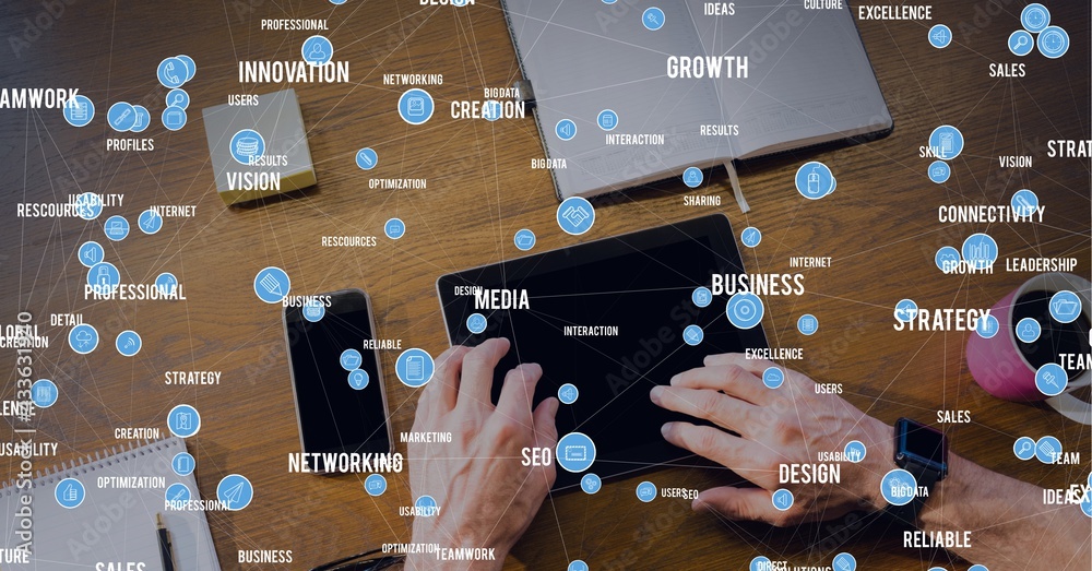 Fototapete composition of network of digital icons and text over man using tablet in background
