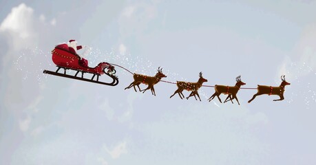 Composition of santa claus in sleigh pulled by reindeer on clouds background © vectorfusionart