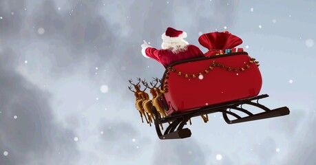 Composition of santa claus in sleigh pulled by reindeer on snowfall and clouds background