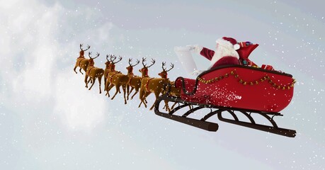 Composition of santa claus in sleigh pulled by reindeer over snow falling and clouds background - obrazy, fototapety, plakaty