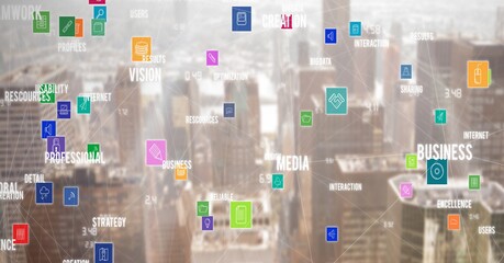 Composition of network of digital icons and text over cityscape in background