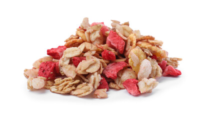 Pile of granola on white background. Healthy snack
