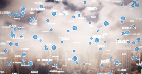 Composition of network of digital icons and text over cityscape in background