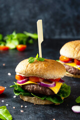 Burger with minced red meat patty, homemade hamburger sandwich