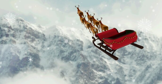 Composition of santa claus in sleigh pulled by reindeer on mountains in winter background
