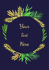 Watercolor floral frames, borders, cards. Round frame with watercolor leaves. Handdrawn Watercolor style, nature art. Watercolor save the date card. Blank template.