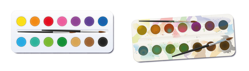 Watercolor paint boxes - unused, clean, neat, new - used, spotty, blotchy, soiled, dirty. Before after comparison. Isolated vector illustration on white background.
