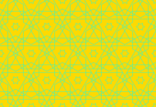 Mosaic seamless pattern with geometric star ornament in Islamic style.Girih yellow-mint background.Vector illustration