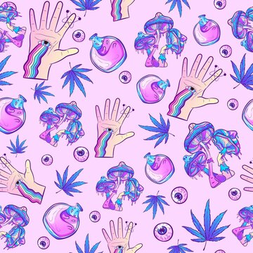 Purple psychedelic seamless pattern with trippy vibrant colors and esoteric  masonic elements. Repetitive background with mushrooms, marijuana, hands,  potions and eyeballs. Stock Vector | Adobe Stock