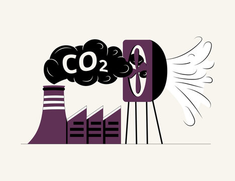 Carbon Capture Technology Net CO2 Footprint Development Strategy. Vector Illustration With Metaphor Catching Butterflies