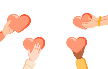 Love heart symbol with holding hands, flat tiny person vector illustration. Charity and volunteering activity concept.