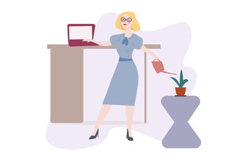 The girl works from home. Laptop, household chores, teacher. Distance learning, working. Flat illustration, girl watering a flower, working at a computer, from home