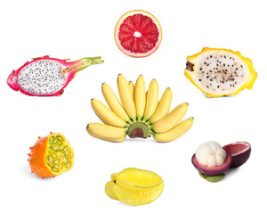 Set with different delicious exotic fruits on white background