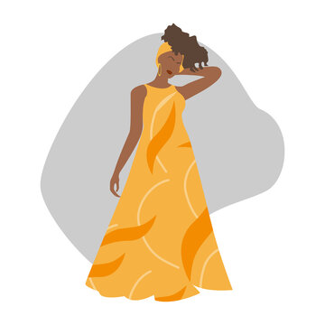 Portrait of a beautiful african american woman in yellow long dress. Minimalist boho style portrait for modern poster design, t-shirt design, fashion show invitations etc