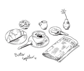 Breakfast arrangement with  newspaper isolated on white, line art vector illustration - 433634545