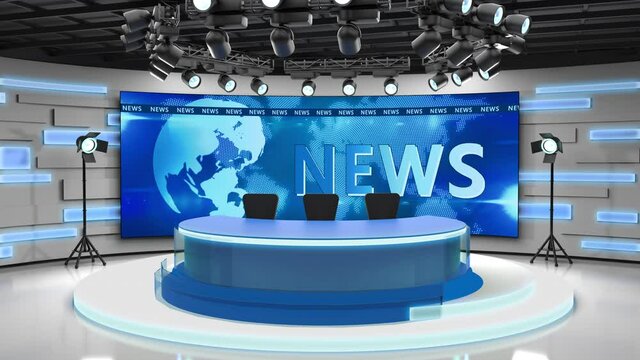 Tv studio. News room. Blye and red background. General and close-up shot. News Studio. Studio Background. Newsroom bakground. The perfect backdrop for any green screen or chroma key video production