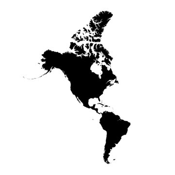 World map silhouette America, Canada, Alaska vector. Territory of North America continent, Canada, Alaska, Mexico, South America vector. World map black silhouette icon isolated on a white background