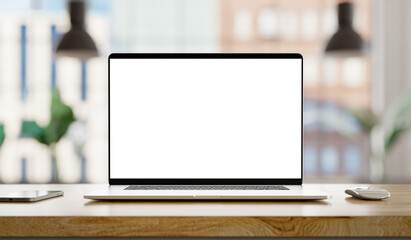 Laptop with frameless blank screen mockup template on the table in industrial office loft interior - obrazy, fototapety, plakaty