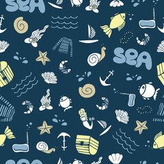Marine seamless pattern. Summer vibes. Vector colored sea illustration on dark blue background