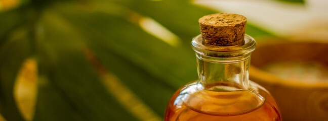 Concept of natural organic oil in cosmetology. Moisturizing skin care and aromatherapy. Gentle body treatment.  Wooden background, copy space, banner. Wellness body care, natural cosmetics background