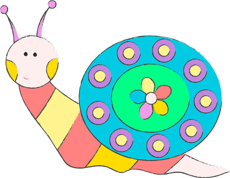 Picture of a cute drawn cartoon snail in color. Educational material for children of primary preschool age. Vector illustration