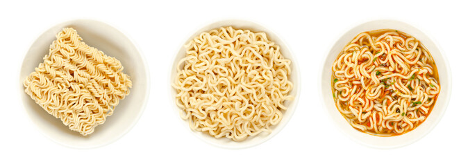 Instant ramen, in white bowls. Dried block of instant noodles, noodles soaked in boiling water, and a freshly prepared cup of soup with vegetable taste and seasonings. Isolated over white food photo.