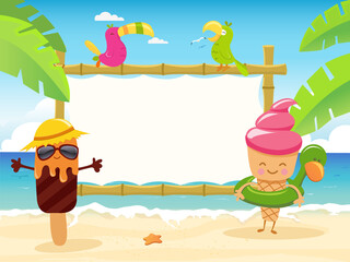 Cute Ice Cream And Popsicle Character With Blank Billboard