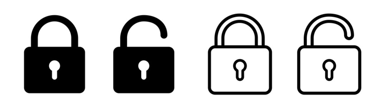 Lock icon collection. Locked and unlocked black line icon set. Flat security symbol. Vector illustration.