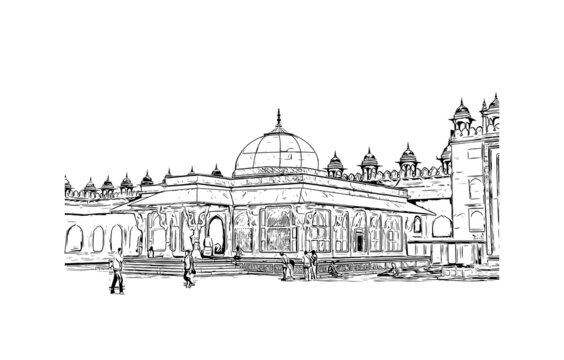 recommend clip art: Building view with landmark of Fatehpur is the city in India. Hand drawn sketch illustration in vector.