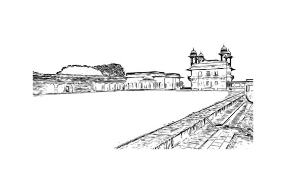 Building view with landmark of Fatehpur is the city in India. Hand drawn sketch illustration in vector.