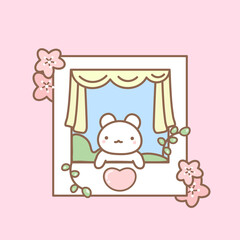 Kawaii photo card with bear, sakura and heart on a pink background.
