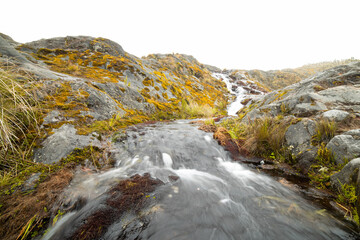 Landscape of the Colombian Nevados Park mountains and rivers showing paramo type vegetation.