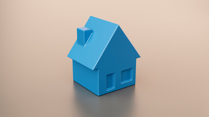 3d blue house shape on a brown background - obrazy, fototapety, plakaty