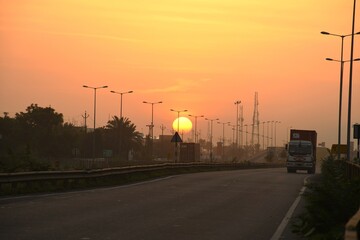 Morning View, Sunrise in the morning, Street light pattern on the bridge