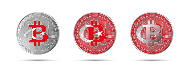 Three Bitcoin crypto coins with the flag of Turkey. Money of the future. Modern cryptocurrency vector illustration