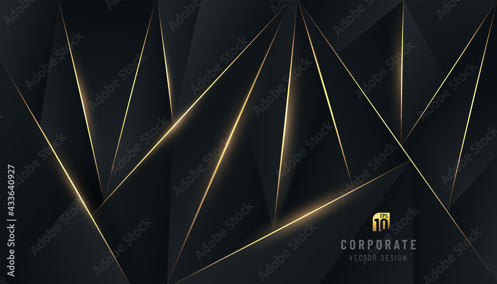 Wall mural abstract dark polygon design. premium black background with luxury triangles pattern and gold lighti