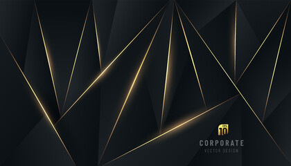 Abstract dark polygon design. Premium black background with luxury triangles pattern and gold lighting lines decorate. You can use for cover brochure template, poster, banner web, print ad. Vector EPS