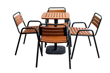 Chair and table set, outside. Wooden garden furniture, modern table and chairs on tile pavement...