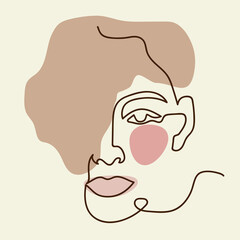 Female face one line style. Continuous art in elegant style for prints, tattoos, posters, textiles, postcards, etc. Beautiful face. Vector illustration